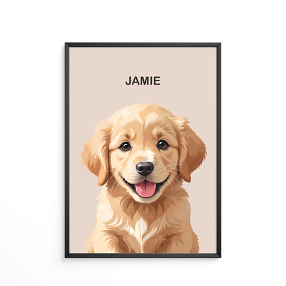 Memorable pet portrait of a golden doodle with playful energy.